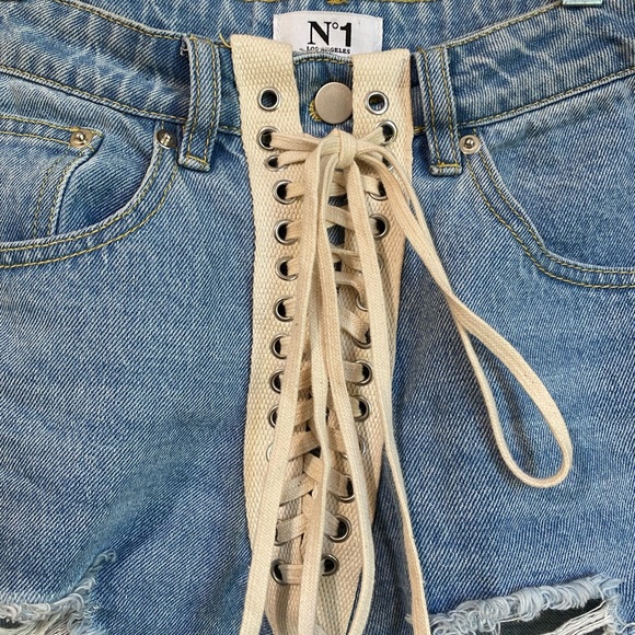 High Waist Lace Up Distressed Jean Shorts - Picture 3 of 7